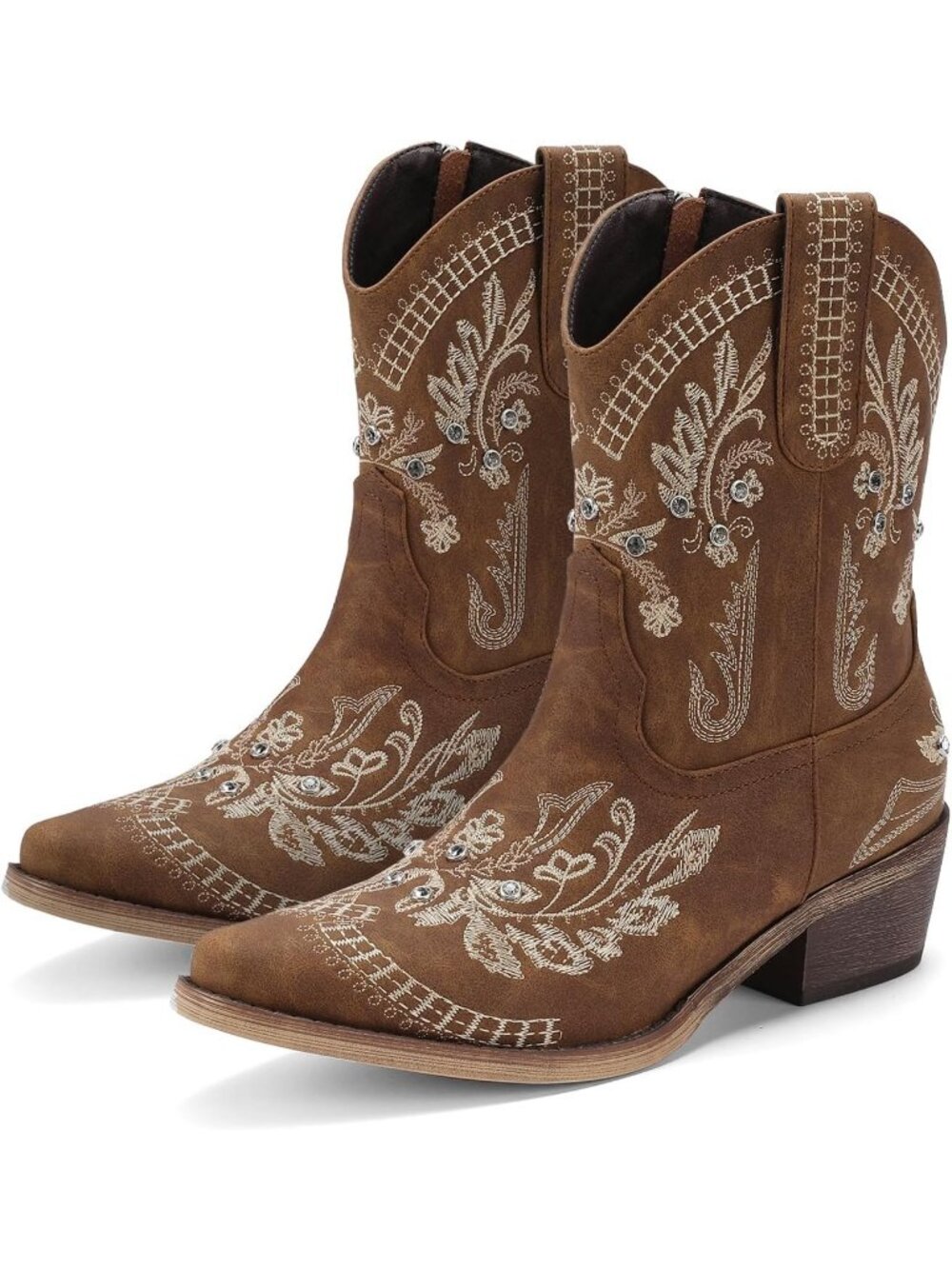Women's Brown Comfortable Chunky Heel Side Zipper Embroidered Short Cowgirl Boot - Picture 5 of 7